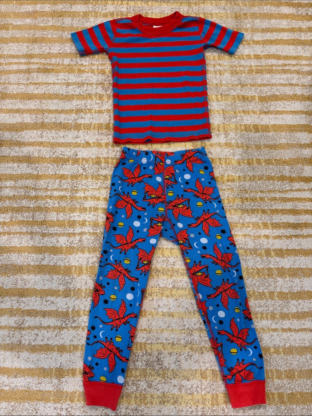 Hanna Andersson Red & Blue Striped Kids Pajama Set with Dragon Print size 5